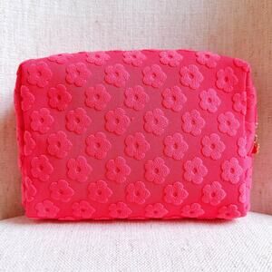 Embossed Daisy Cosmetic Case - Pink Floral Makeup Bag with Gold Zipper